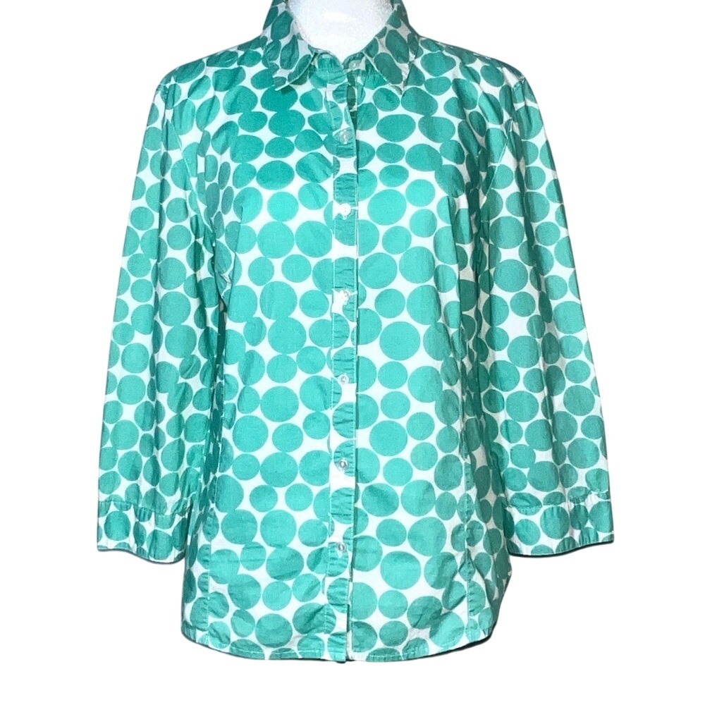 Garnet Hill Womens‎ Button Front Shirt Mint Green White 3/4 Sleeve Cotton Sz 6